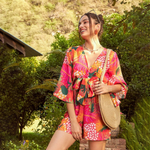 Orange & Green Floral Printed Front Tie Knot Playsuit