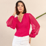V-Neck Puff Sleeve Chiffon Regular Top