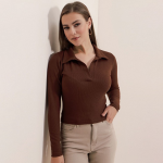 Women Solid Shirt Collar Polyester Top