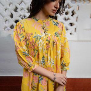 Women's Yellow Pure Cotton Tropical Gathered Tunic