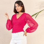 V-Neck Puff Sleeve Chiffon Regular Top