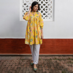 Women's Yellow Pure Cotton Tropical Gathered Tunic