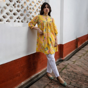 Women's Yellow Pure Cotton Tropical Gathered Tunic
